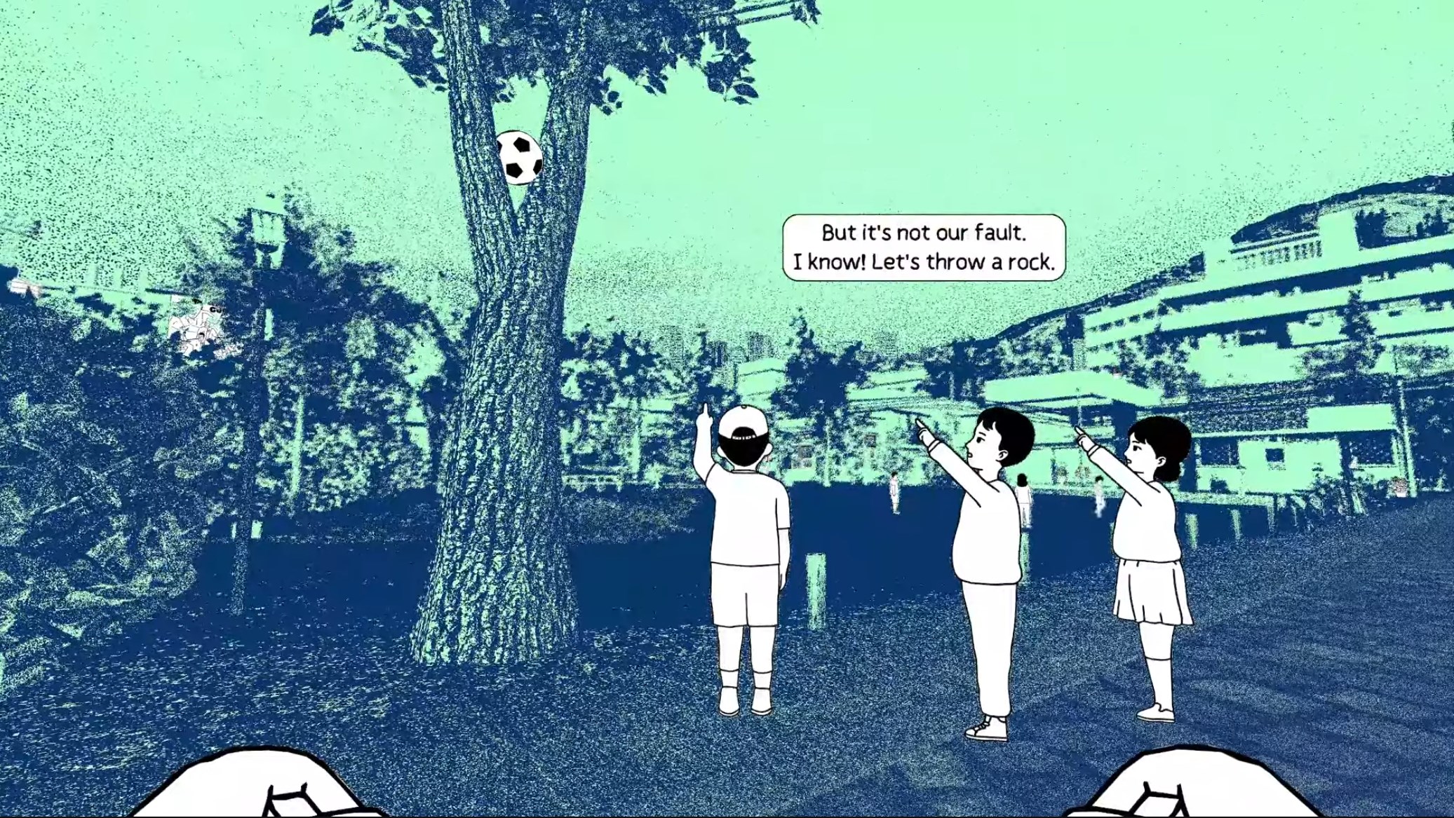 Screenshot of despelote. Three kids point up towards a soccer ball stuck in a tree, with one saying "But it's not our fault. I know! Let's throw a rock." The kids and soccer ball are simple black and white drawings, but the environment looks very realistic and is composed of two colors, a blue and a green.