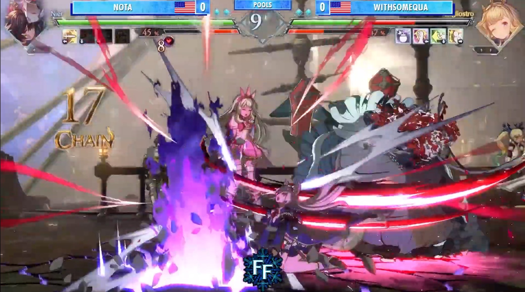 Screenshot of a fighting game tournament broadcast for Granblue Fantasy Versus Rising. The name on the overlay for player two is WITHSOMEQUA
